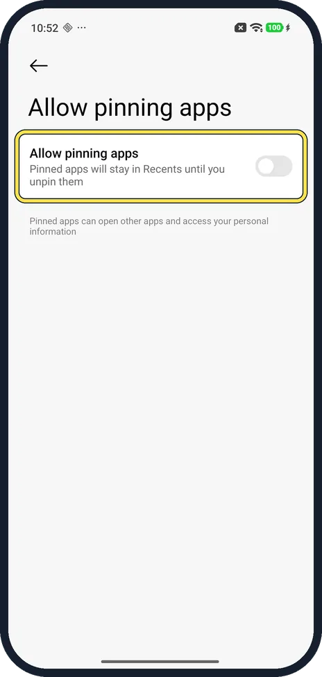 Android screenshot: Turn on Allow pinning apps