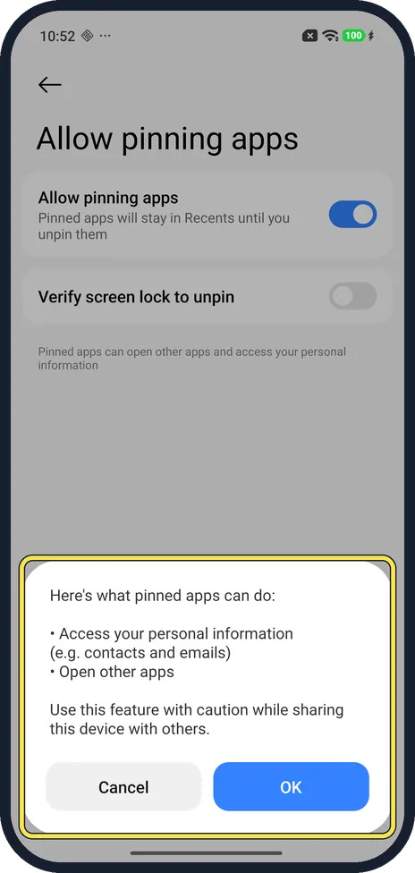 Android screenshot: Read the warning and tap OK