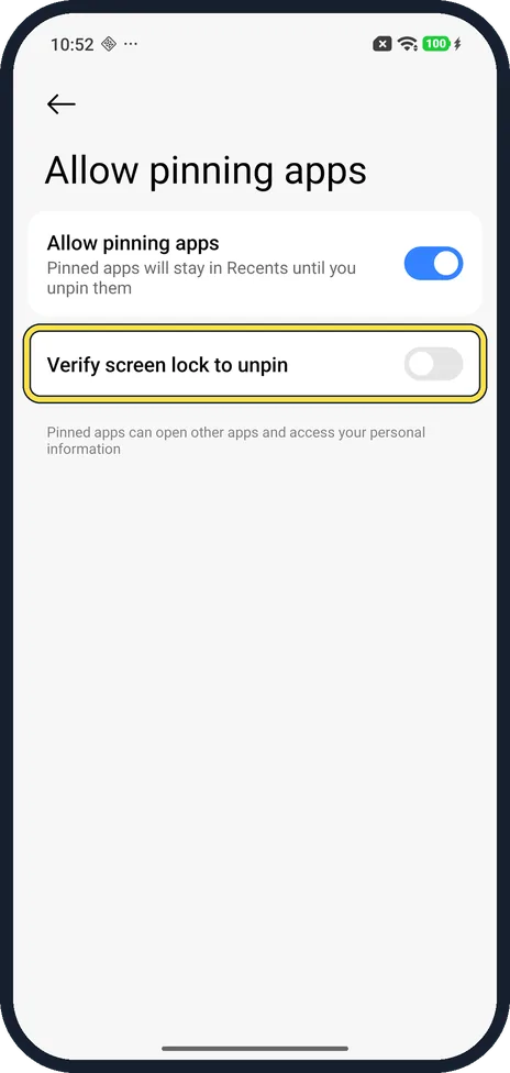 Android screenshot: Verify screen lock to unpin