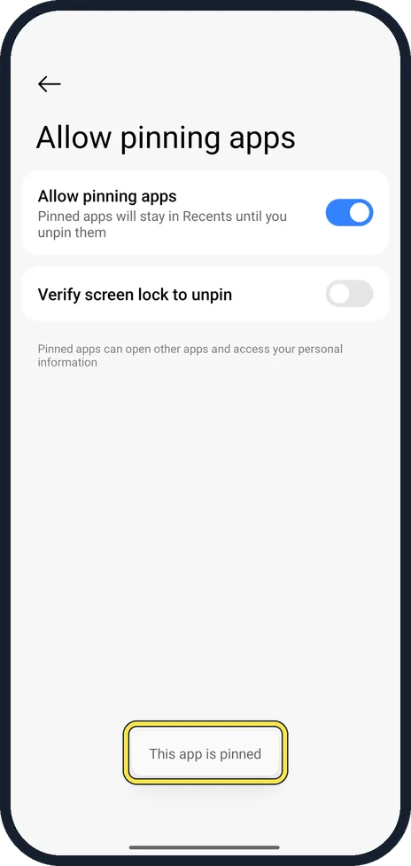 Android screenshot: The app is pinned