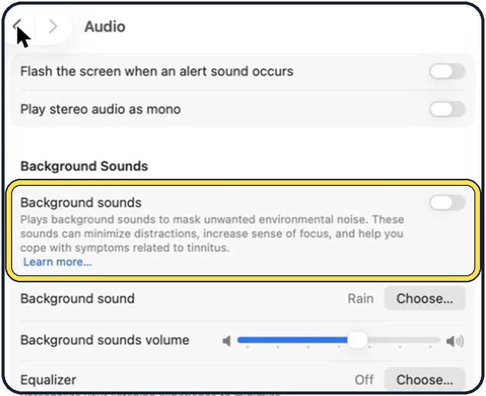 Mac screenshot: Switch on Background sounds