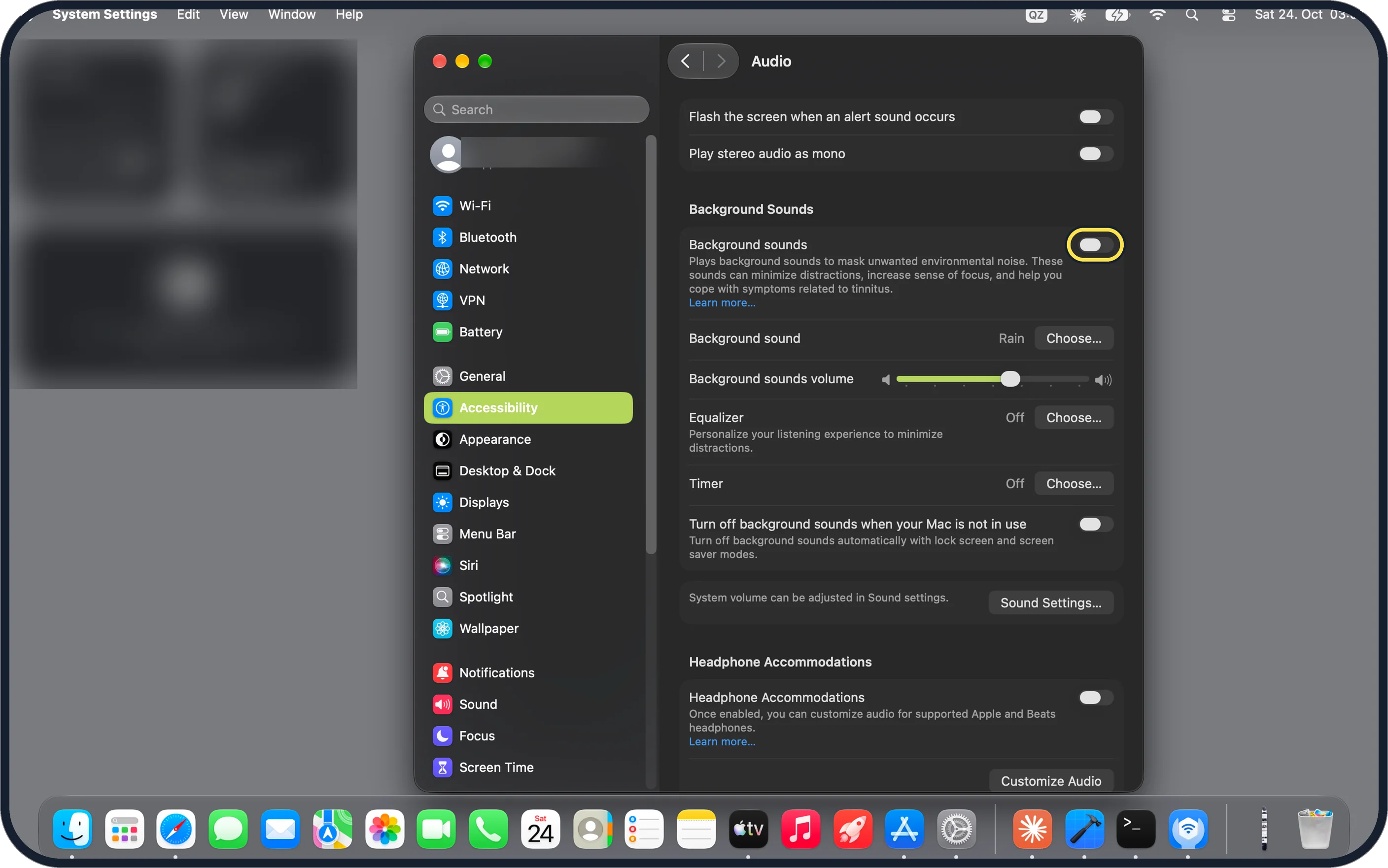 Mac screenshot: Switch on Background sounds
