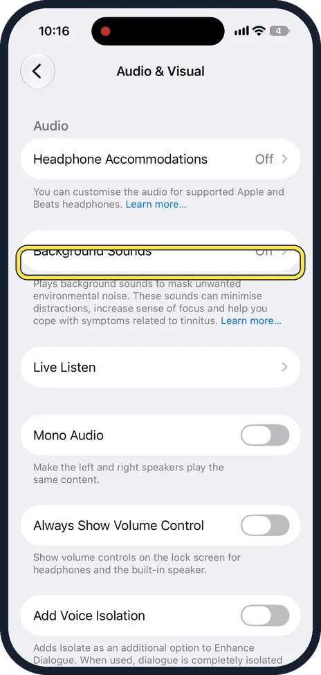 iPhone screen: Tap Background Sounds