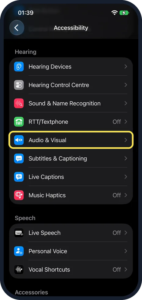 iPhone screen: Scroll down and tap Audio & Visual