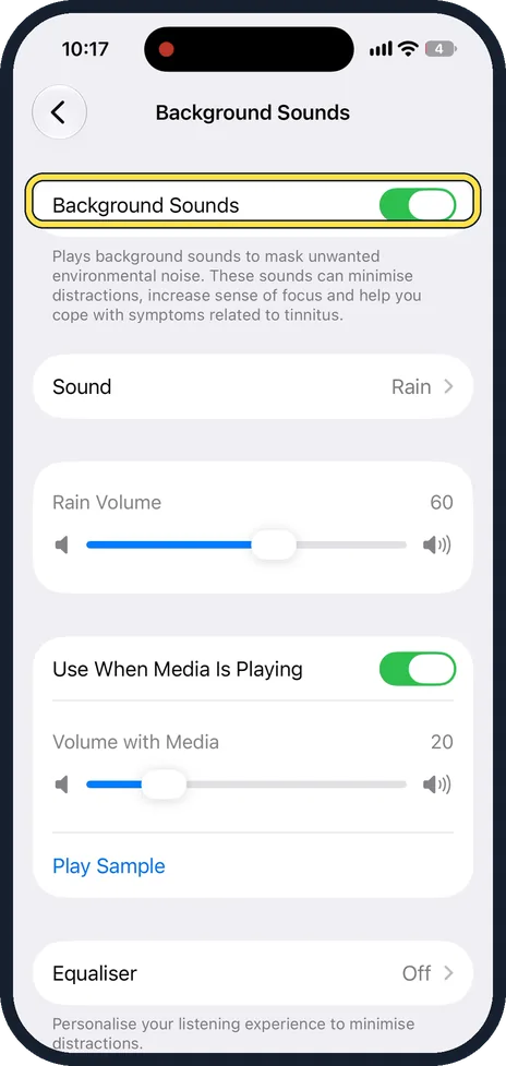 iPhone screen: Switch on Background Sounds