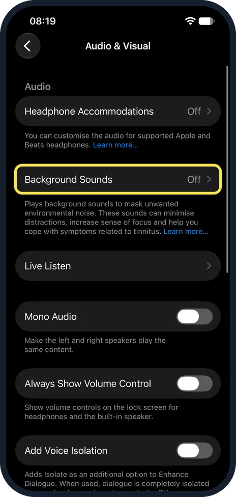 iPhone screen: Tap Background Sounds