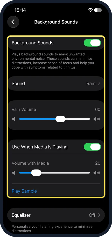 iPhone screen: Switch on Background Sounds and choose the sound