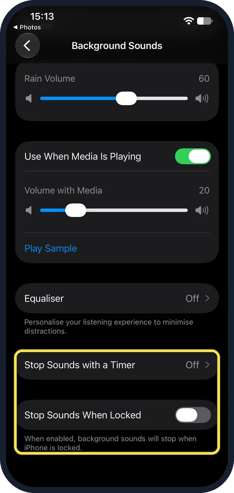 iPhone screen: Optional: stop it with a timer or when the iPhone locks