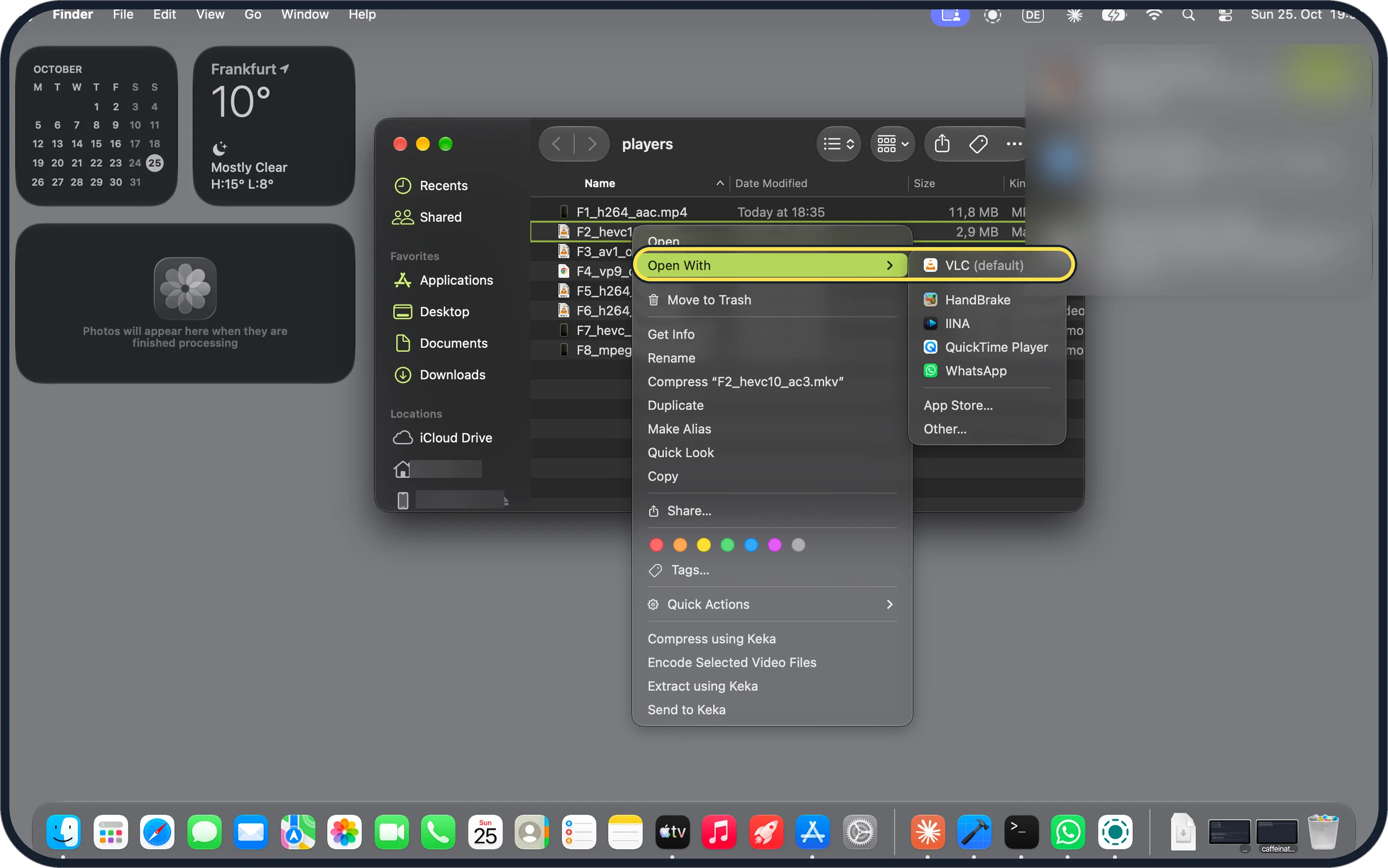 Mac screenshot: Right-click the MKV and choose Open With, VLC