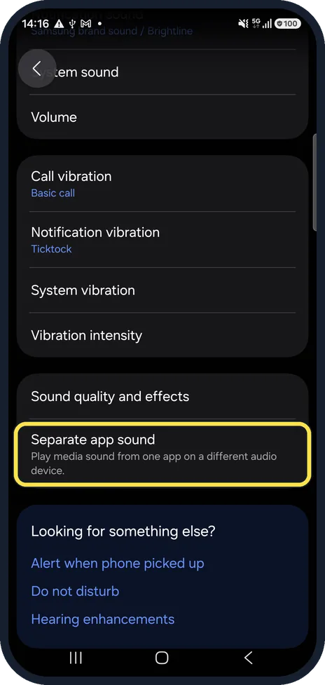 Android screenshot: Open Separate app sound