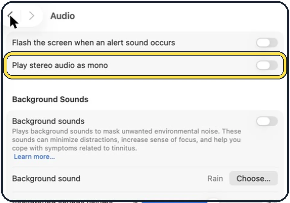 Mac screenshot: Switch on Play stereo audio as mono