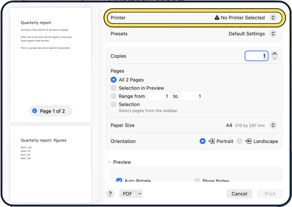 Mac screenshot: Choose the printer