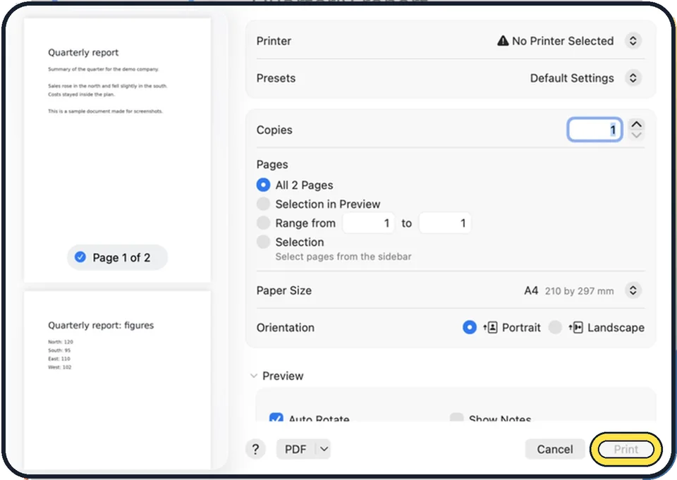 Mac screenshot: Click Print