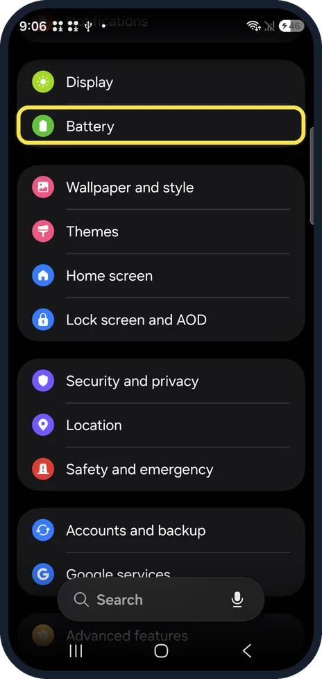 Android screenshot: Open Battery