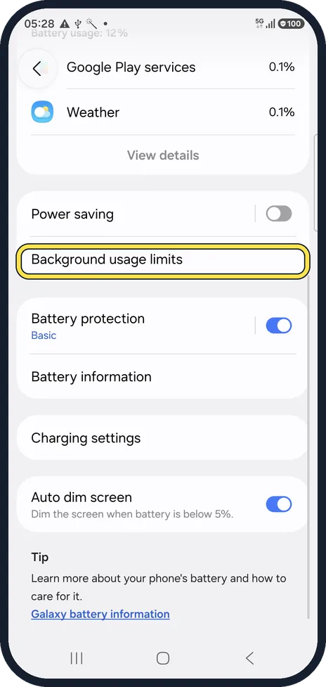 Android screenshot: Tap Background usage limits