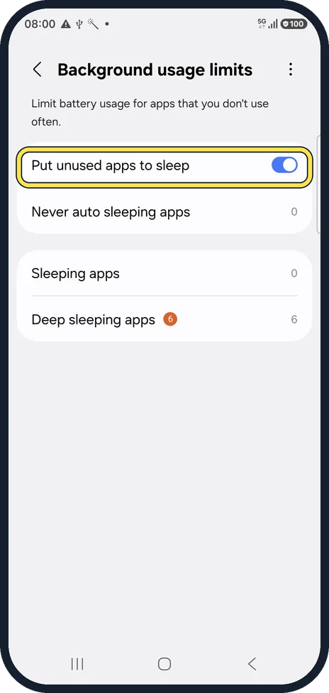 Android screenshot: Leave Put unused apps to sleep on