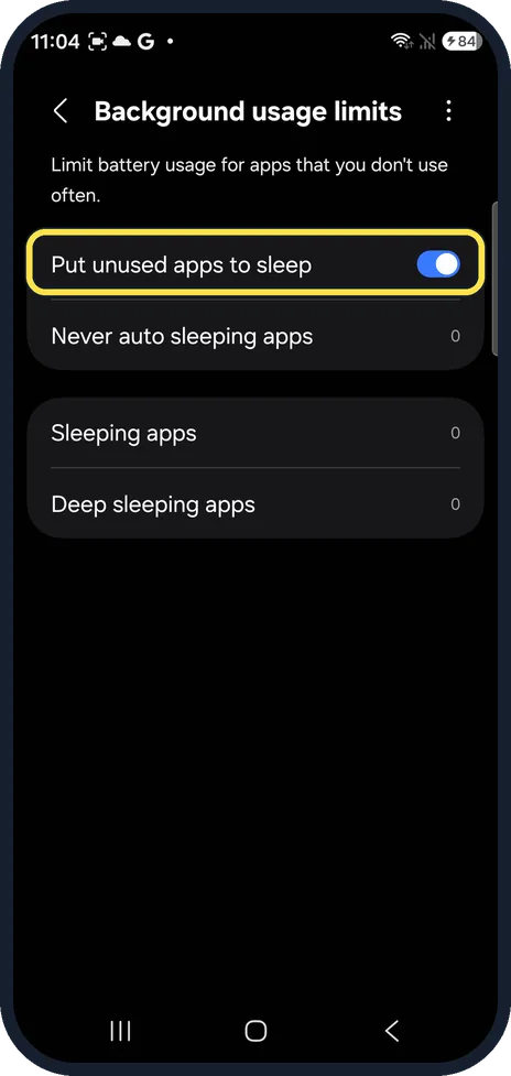 Android screenshot: Leave Put unused apps to sleep on