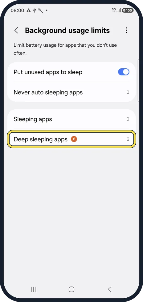 Android screenshot: Open Deep sleeping apps