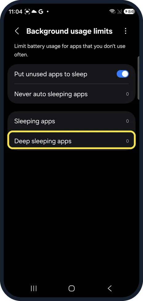 Android screenshot: Open Deep sleeping apps