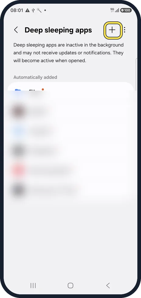 Android screenshot: Tap + to add an app