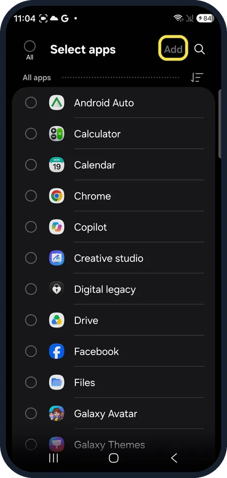 Android screenshot: Tick apps and tap Add