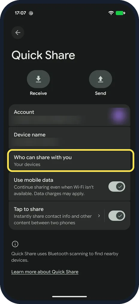 Android screenshot: Tap Who can share with you