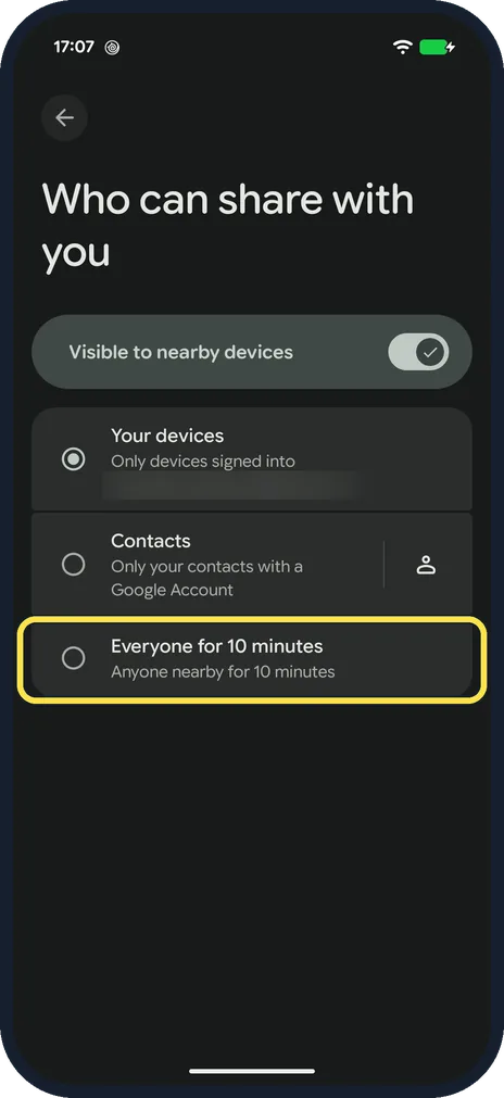 Android screenshot: Pick who can share