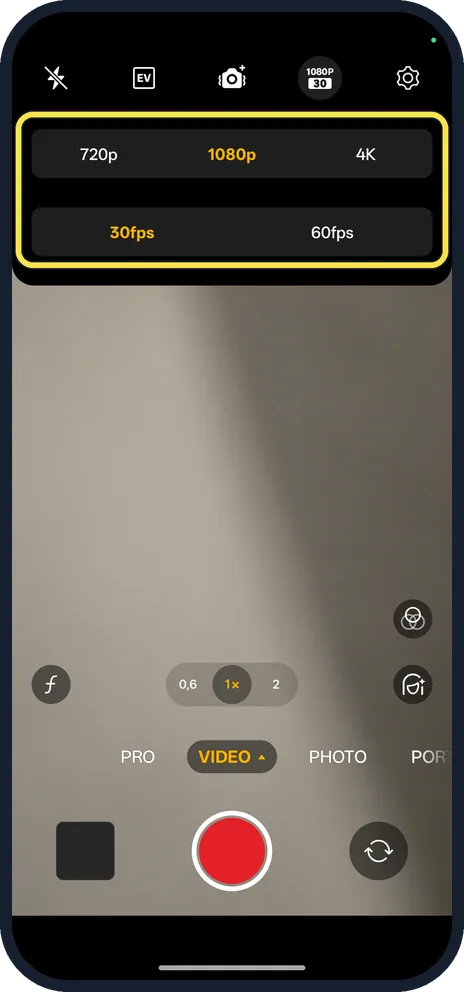 Android screenshot: Pick size and frame rate