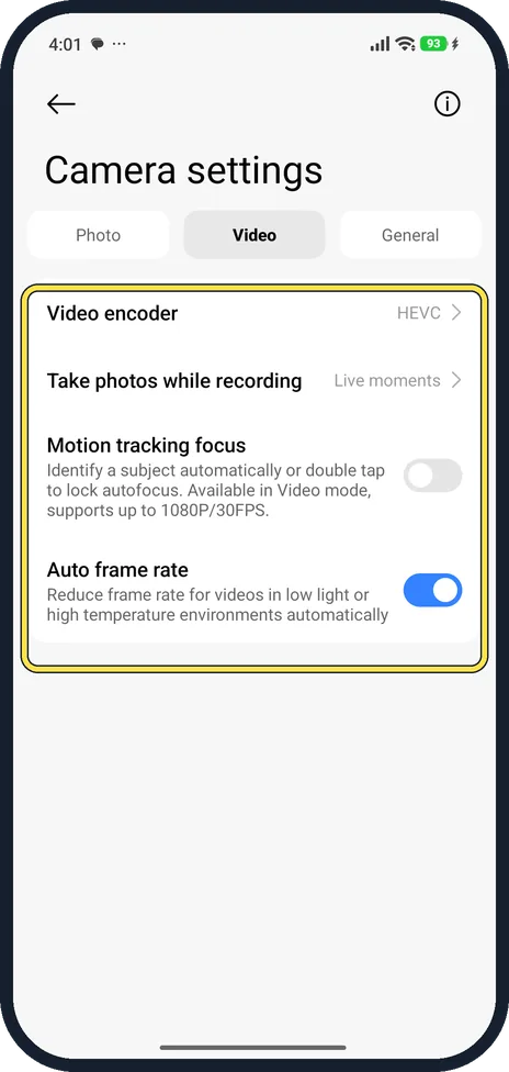 Android screenshot: Check Video encoder and Auto frame rate