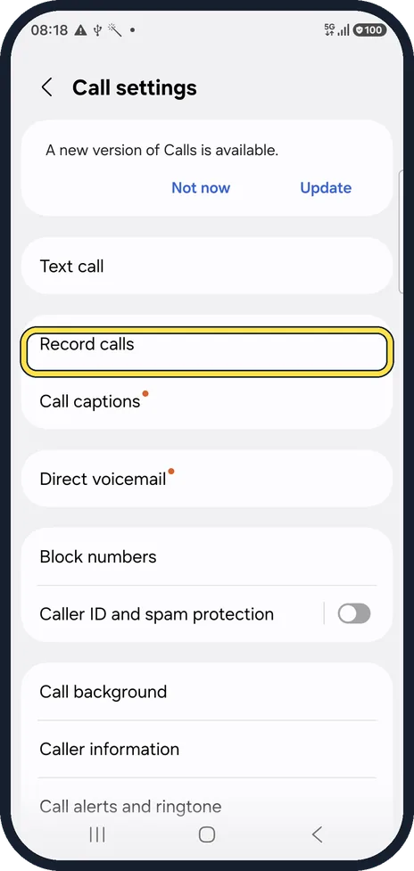 Android screenshot: Tap Record calls