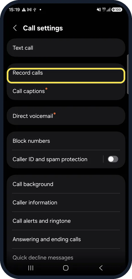 Android screenshot: Tap Record calls