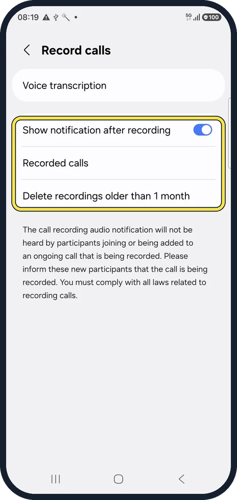 Android screenshot: Check the recording options