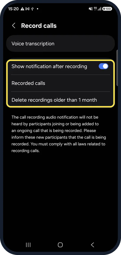 Android screenshot: Check the recording options