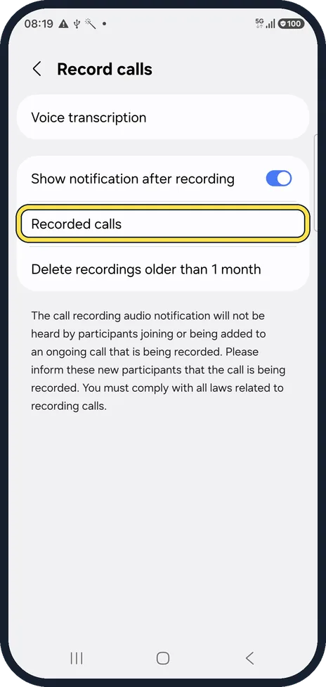 Android screenshot: Find your recordings