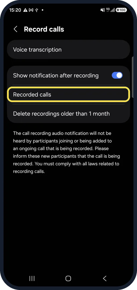 Android screenshot: Find your recordings