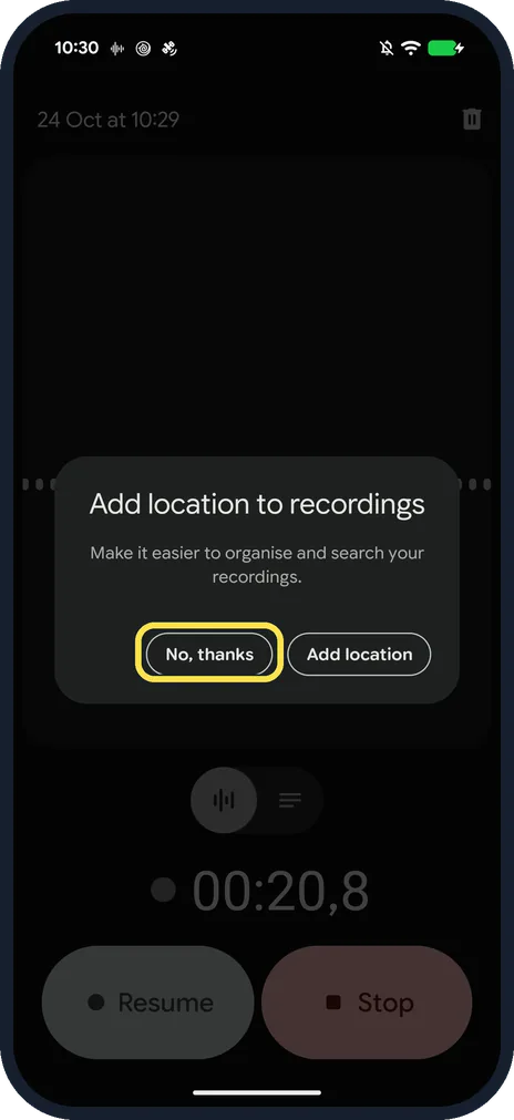 Android screenshot: Add location?