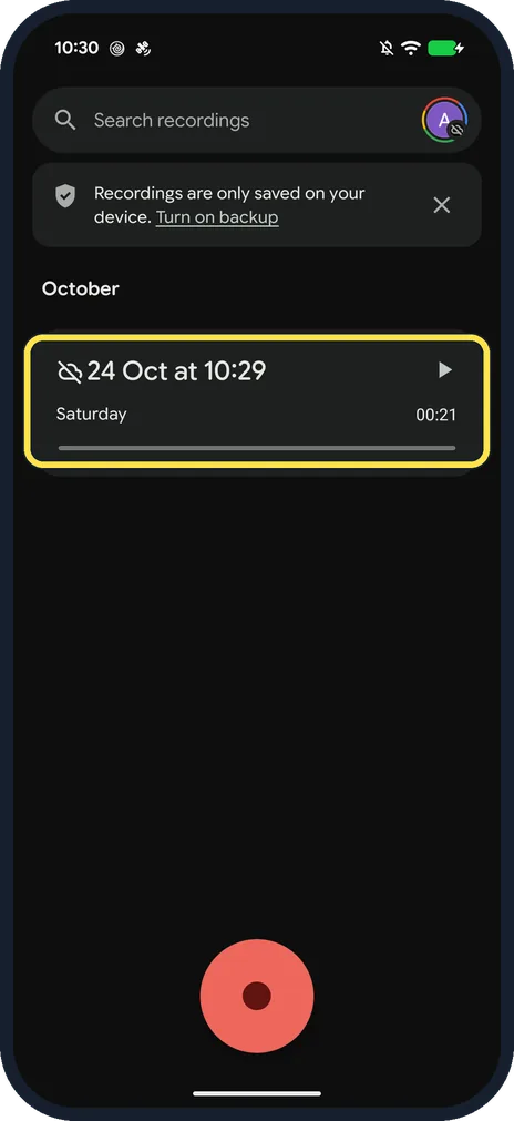 Android screenshot: Find the recording
