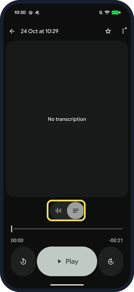 Android screenshot: Switch to the transcript