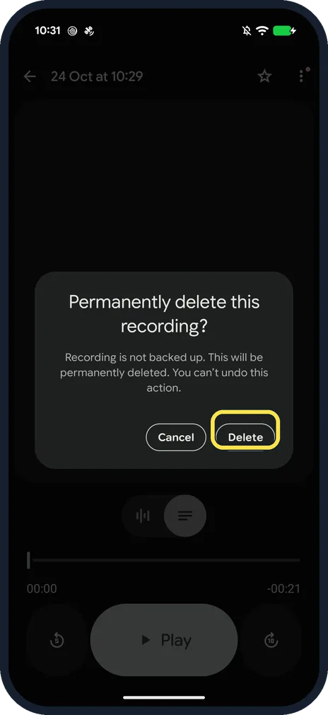 Android screenshot: Confirm the delete