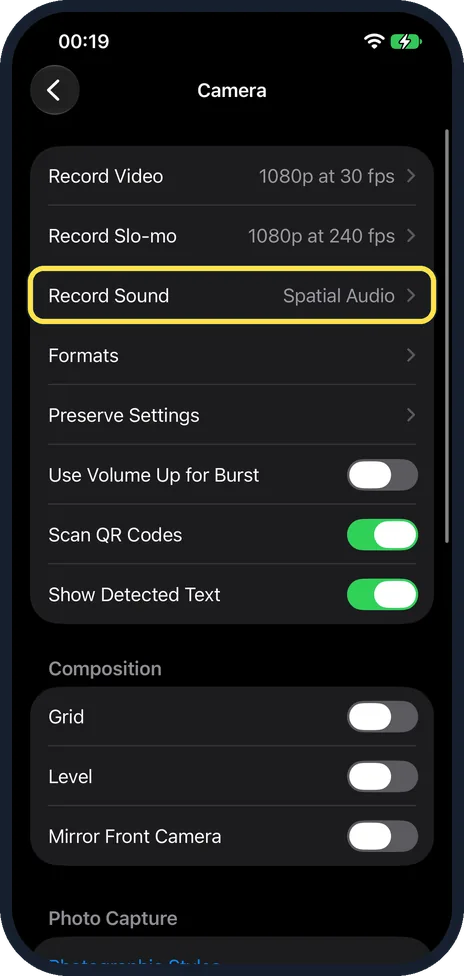iPhone screen: Tap Record Sound