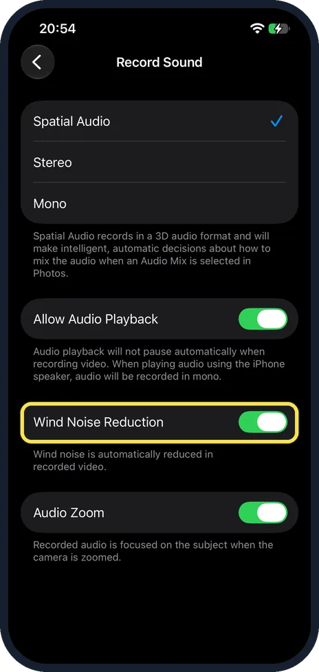 iPhone screen: iPhone 16 and later: Wind Noise Reduction