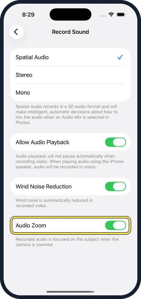 iPhone screen: Decide about Audio Zoom