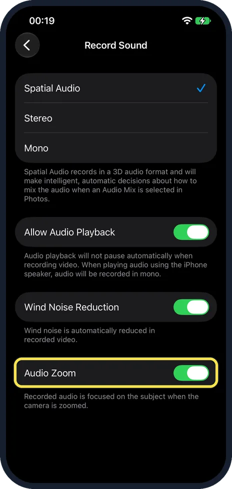 iPhone screen: Decide about Audio Zoom
