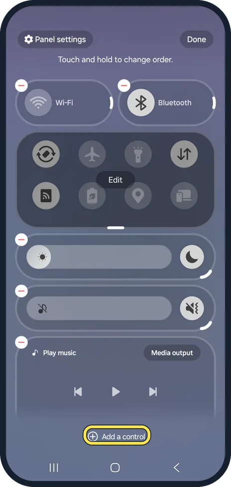 Android screenshot: Tap Add a control