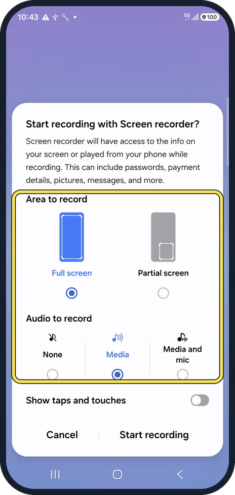 Android screenshot: Tap Screen recorder and choose the sound