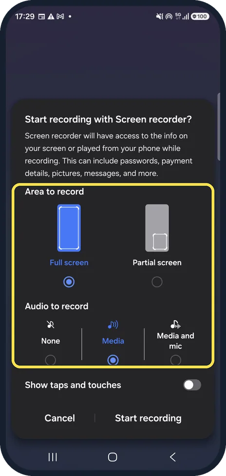 Android screenshot: Tap Screen recorder and choose the sound