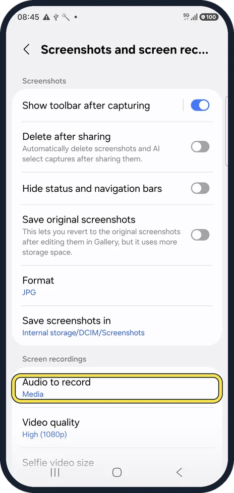 Android screenshot: Pick the sound to record