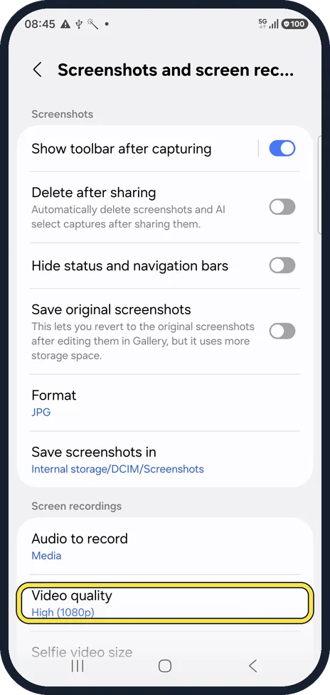 Android screenshot: Pick the video quality