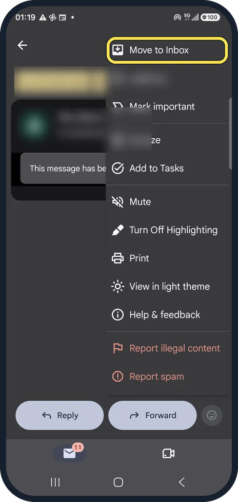 Android screenshot: Choose Move to Inbox
