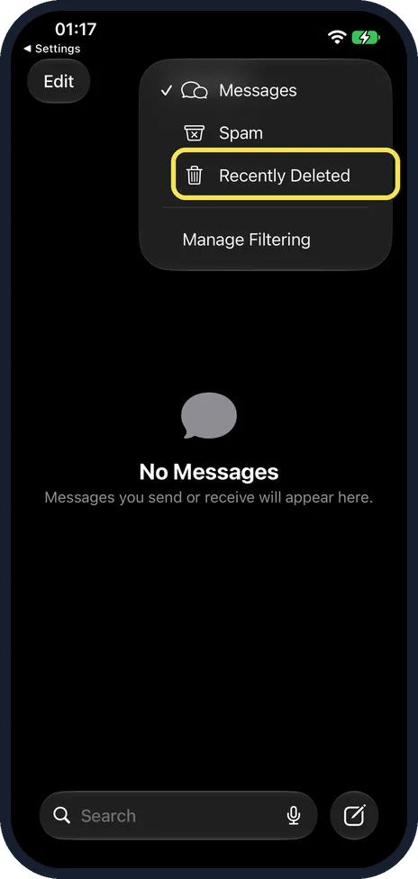 iPhone screen: Tap Recently Deleted